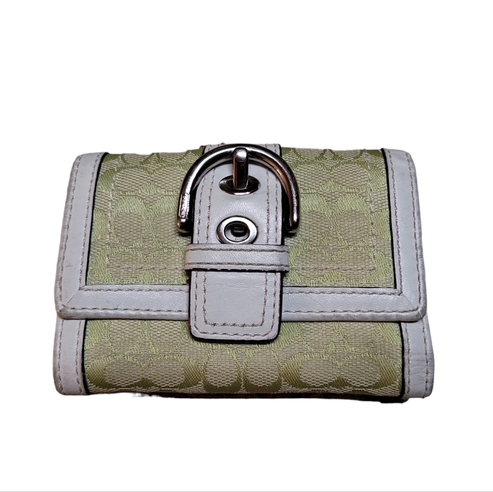Coach Lime Green Signature & White Leather  Buckle Wallet with Coin Pouch